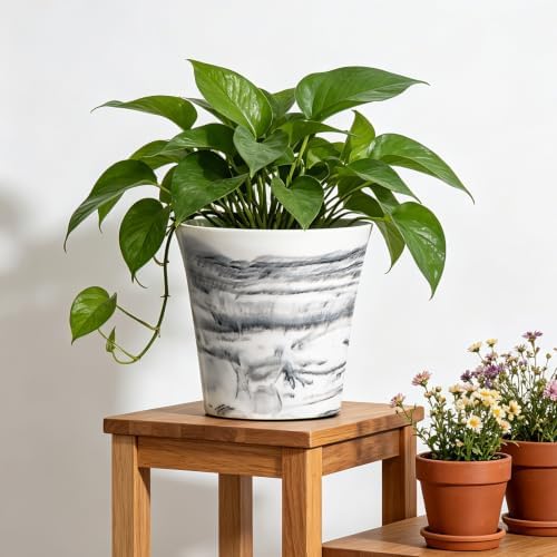 8 Inch Marble Resin Plant Pot with Drainage Hole cone Decor Flower Planter - Image 7