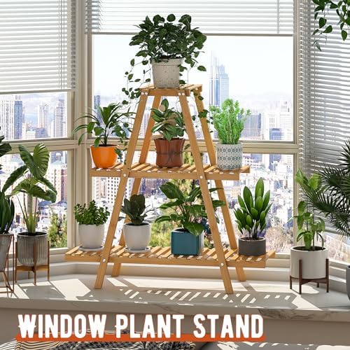 GHWIE Plant Stand Indoor Plant Shelf Outdoor bamboo Plant Rack, 3 Tiers Ladder Plant Holder Flower Stand for Living Room Balcony Garden Patio,Living Room Boho Home Decor for Gardening Gifts (Natural) - Image 5