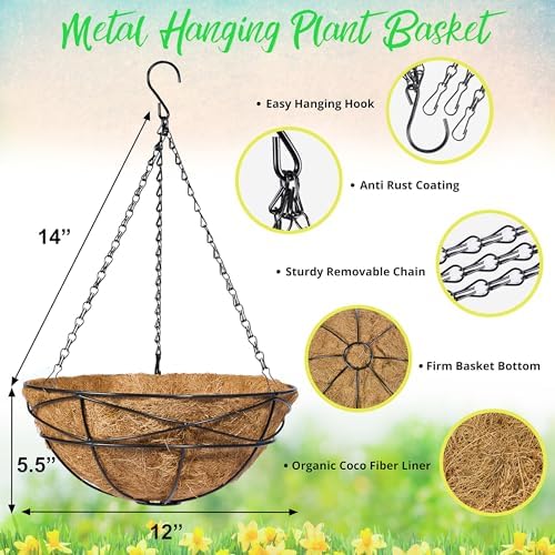Sorbus 4 Pack Metal Hanging Planter Basket Huge 12 Inch Hanging Flower Pot Basket & Coco Coir Liner for Indoor/Outdoor Garden Décor, Perfect for Home, Garden, Patio, Deck (Black) - Image 3