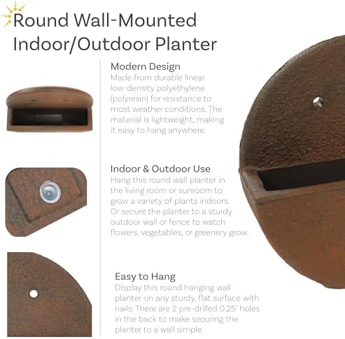 Sunnydaze 12-Inch Round Polyresin Wall Planter - Dark Brown - Image 2