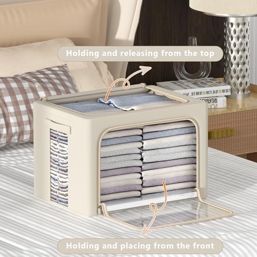 CYhom 3Pack Frame Storage Box - Clothes Storage Bin Bags Oxford Fabric Foldable Stackable Container Organizer Set with Clear Window & Carry Handles (Beige, X-Small-36L) - Image 2