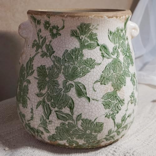 Vintage Ceramic Vase with Green Floral Pattern, White and Green, Crackle Glazed Finish, Decorative Garden Design (Large - Belly Jar with Drainage Hole) by SincereLuxe