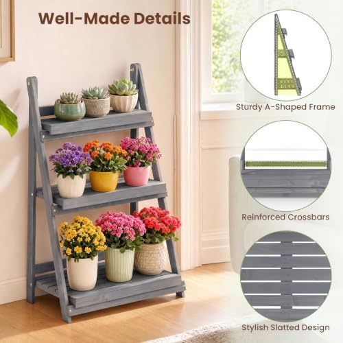 GIANTEX Foldable Wooden Plant Stand, 3-Tier Ladder Plant Shelf, Grey - Image 6