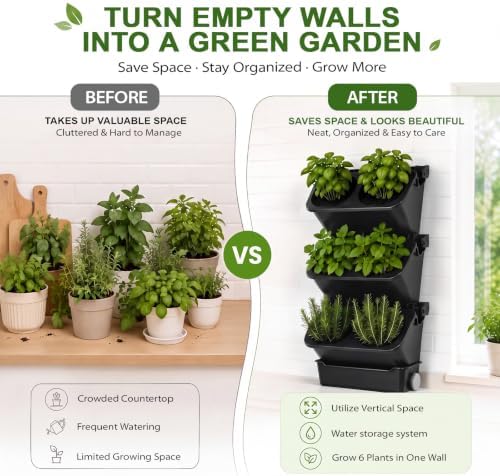 Briwooody 3 Set 6 Pocket Vertical Stackable Wall Planters Kit Outdoor Self Watering Plastic Planter Grow Hang Mount System for Strawberry Flower Vegetable Home Fence Balcony Wall Decor - Image 3