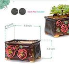 5.5 Inch Succulent Pot Handmade Flower Design Rectangular Ceramic Plant Pot Antique Cactus Pot Planter with Drainge Set of 2 (Yellow Pink Rose and Small Rose) - Image 7