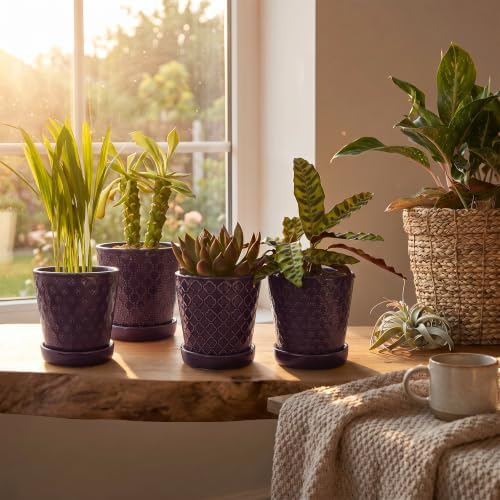 EFISPSS Ceramic Plant Pots, 5 Inch Planters with Drainage Holes and Ceramic Tray, Relief Design Flower Planter, Desktop Office Windowsill Decoration Gift Set of 4 - Purple - Image 6
