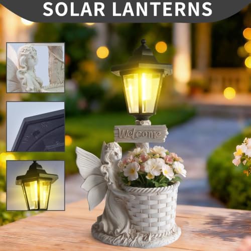 Solar Angel Fairy Garden Outdoor Statues with Solar Lantern and Flowerpot Welcome Sign Decor Angel Figurines Sculptures Resin Outdoor Statues for Patio Yard Lawn Mom Grandma Gifts - Image 3