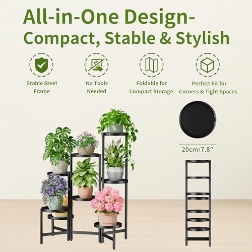 8 Tiered Plant Stand Indoor for Multiple Large Planter, Tall Heavy Duty Adjustable Folding Rack with Rustproof 7.9 Inch Wide Tray, Plant Shelf for Corner Living Room - BlackDisk - Image 5