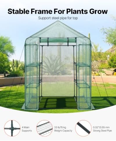 VEVOR Walk-in Greenhouse, 55.5" x 56.1" x 78.7" Greenhouse for Outdoors with PE Cover, 2 Tiers 8 Shelves, Roll-Up Zipper Door, Walk in Green House, Portable Plant Garden Hot House for Backyard Outside - Image 3