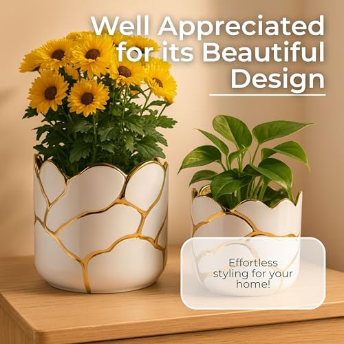 Set of 2 Plant Pots for Indoor Plants – Ceramic Planters with Gold Accents, Decorative Pots for Home Decor, Modern Indoor/Outdoor Ceramic Planter Set, Stylish Pot for Plants – 6/7", White - Image 6