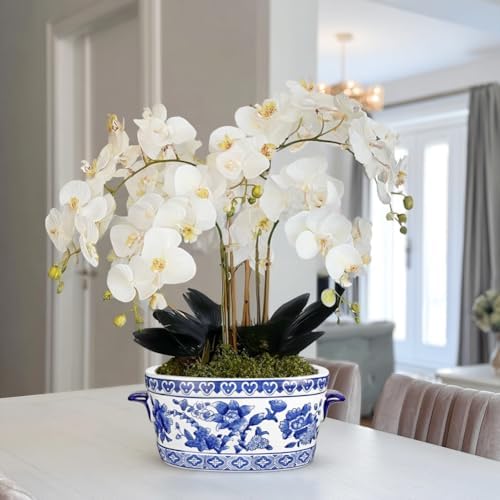 Blue and White Ceramic Planter Pot – Vintage Floral Oval Cachepot Vase for Indoor Plants, Flowers & Succulents – Glazed Chinese Porcelain Style Decorative Bowl –10.6" Size – No Drainage - Image 2