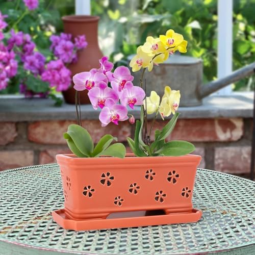 Rectangle Ceramic Orchid Pot 10In Orchid Pots with Holes for Premium Ceramic Orchid Planter for Indoor and Outdoor Use Drainage & Air Circulation Red Orchid Planter for Repotting or New Plants - Image 6