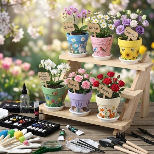 6 Sets DIY Flower Pot Painting Kit 6 White Terracotta Flower Pots with Saucer Planting Gardening Tools 12 Color Acrylic Paints Set Plant Growing Crafts Spring Garden Gift - Image 2