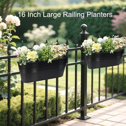 16 Inch 4 PCS Metal Hanging Flower Pots for Railing Fence, Large Railing Planters for Outdoor Plants, Fence Hanging Planters with Detachable Hooks for Garden Balcony - Image 3