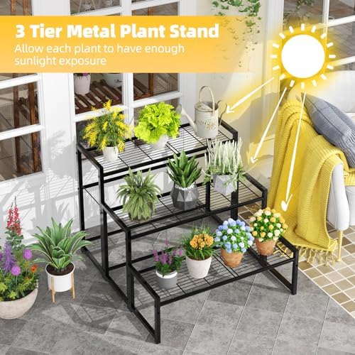 Simple Trending 3 Tier Metal Plant Stand Outdoor Indoor Waterproof, Stackable Heavy Duty Tall Plant Shelf Flower Pot Holder for Garden, Display Rack, Black - Image 2