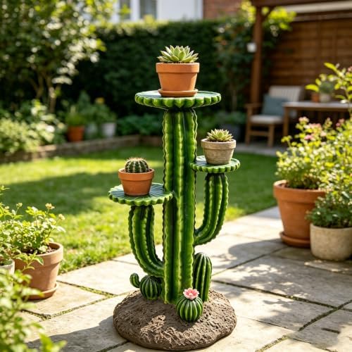 32" Resin Saguaro Cactus Plant Stand w/3 Shelves Outdoor Garden Decor Rack - Image 6