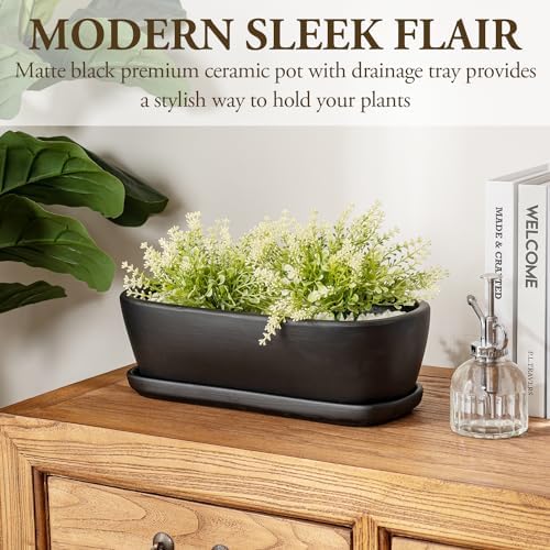 MyGift Black Ceramic Indoor Planter Pot with Drainage Hole & Saucer - Image 2
