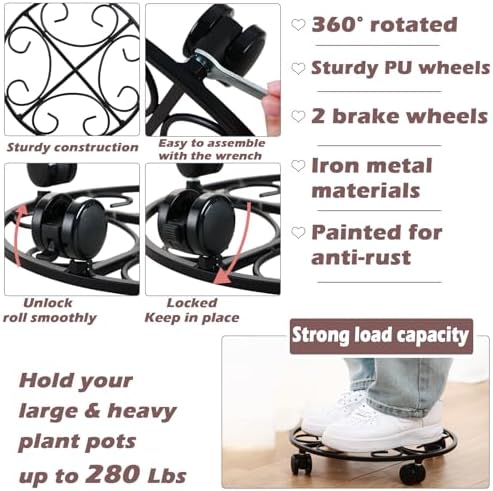 13.5" Metal Plant Caddy with Wheels 5 Packs Large Rolling Plant Stands Indoor Wheeled Plant Dolly Heavy-duty Planter Mover Roller Base Outdoor Plant Trolley Cart Water-proof, Plant Saucers on Wheels - Image 3