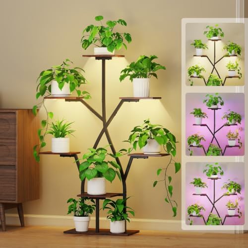 Plant Stand Indoor with Grow Lights 50" Plant Shelf Corner Lighted Plant Stands for Indoor Growing Multiple Metal 7 Tiered Large S-Shape Display Shelves Plant Rack for Home Decor Patio Balcony by Quikraen