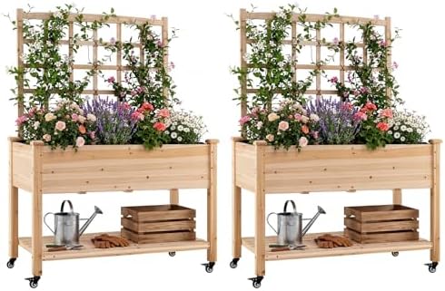 Giantex 65'' Wooden Raised Garden Bed w/Trellis on Wheels Set 2, Mobile Elevated Planter Box w/Legs, Liner & Drainage Holes for Climbing Plant Vegetable Herb Flower, Outdoor Garden Box, Backyard by Giantex