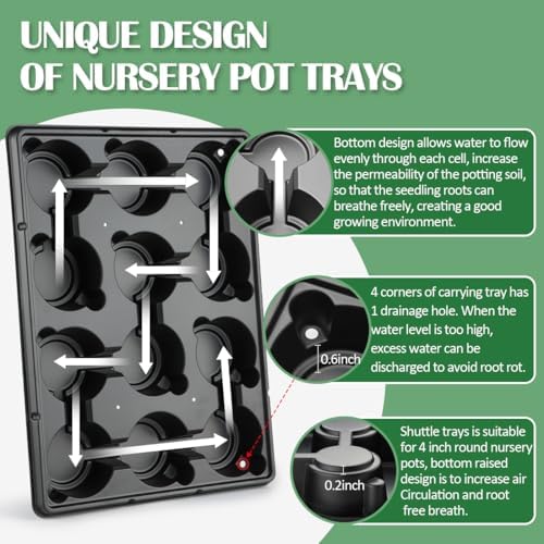 RooTrimmer 12 Cell Nursery Pot Trays 5 Pack with 4 Inch Clear Plant Pots 60 Pack, Thick Sturdy Seeds Starting Germination Shuttle Carrying Trays, Black Small Planter Nursery Propagation 5 Sets - Image 3