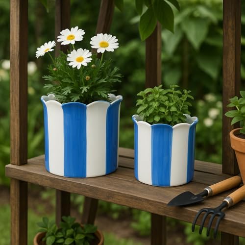 Decorative Striped Scallop Edge Planters Accent - Cute Flower Pots Ideal for Indoor or Outdoor Plant - Whimsical Garden, Home Decor, and Living Room Pots for Plants - Set of 2, 7", 6", Blue & White - Image 3