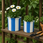 Decorative Striped Scallop Edge Planters Accent - Cute Flower Pots Ideal for Indoor or Outdoor Plant - Whimsical Garden, Home Decor, and Living Room Pots for Plants - Set of 2, 7", 6", Blue & White - Image 3