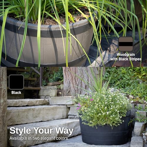RTS Home Accents Polyethylene Whiskey Barrel Planter for Indoor or Outdoor Gardening, Woodgrain with Black Stripes (2 Pack) - Image 6