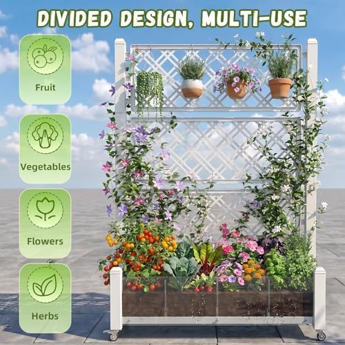 Vixzen Raised Garden Bed Elevated Planter Box Resin Outdoor Plant Stand with Wheels Climbing Trellis Drainage Water Gauge Gardening Patio(Off-White) - Image 5