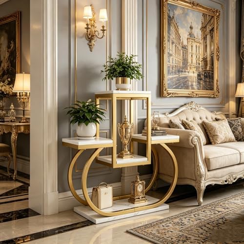 Golden Plant Stand Indoor Display Shelf, 26.96" Tall Planter Rack, 5-Tier Flower Stand with Square White Wood Shelves, Geometry Metal Plant Shelf Flower Pot Holder for Living Room Bedroom Outdoor Balcony Office Corner by Unknown