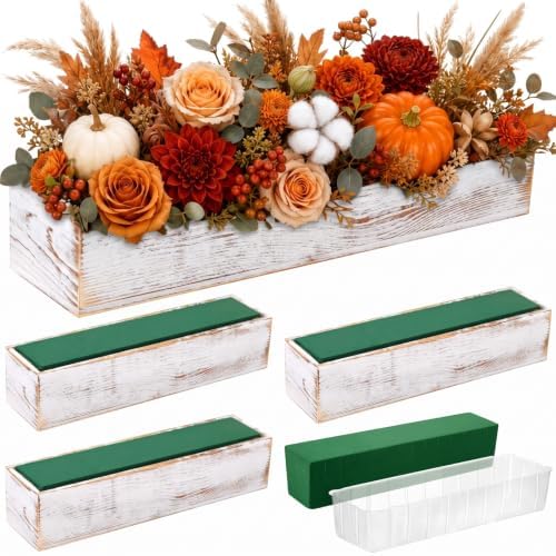 Dandat 4 Set Wood Boxes for Centerpieces 16x4 Inch Rectangle Wooden Planter Box Rustic Wooden Planters with Removable Plastic Liner Floral Foam Blocks for Christmas Wedding Home Garden Decor(White) by Dandat