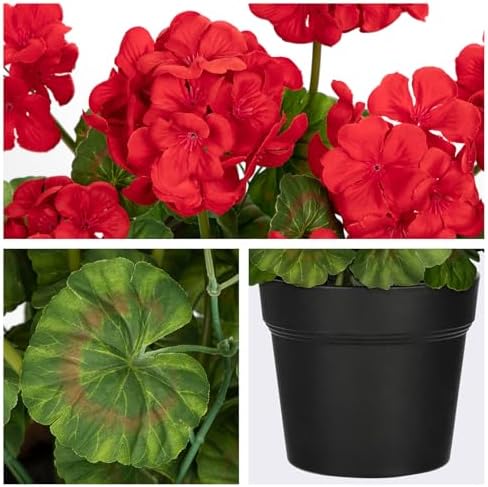 Briful Artificial Geranium Potted Plant – 16” Tall, Realistic Silk Flowers with Vibrant Green Leaves, Red Geraniums Fake Flowers for Outdoors Valentine's Day Home Décor, Farmhouse Office Tables Decor - Image 4