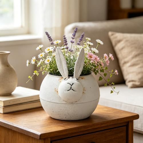 Rustic Metal Bunny Flower Pot, Distressed White Metal Rabbit Succulent Planter, Cute Planter Pot for Indoor Outdoor Home Garden Decor, Farmhouse Bunny Plant Holder - Image 5