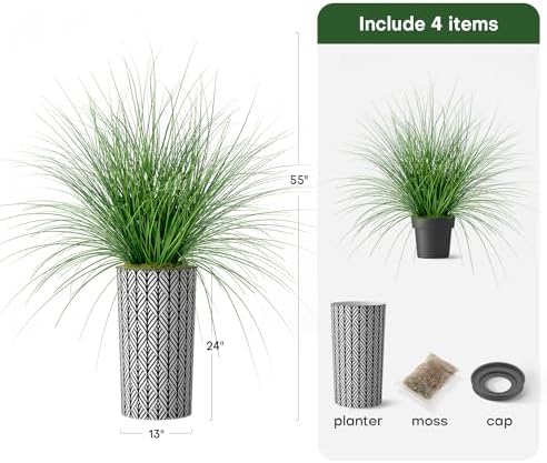 Artificial Tree in Black and White Geometric Planter, Fake Onion Grass Silk Tree for Indoor and Outdoor Home Decoration - 55" Overall Tall (Plant Pot Plus Tree) - Image 3