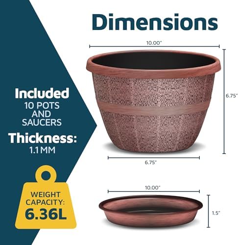 10-Inch Whiskey Barrel Planters Outdoor Pack of 10 - Durable Plastic Plant Pots for Indoor & Outdoor Use with Drainage & Saucer, Lightweight Rustic Barrel Planters for Flowers, Herbs & Small Plants - Image 2