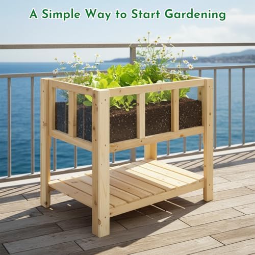 ketive Raised Garden Bed with Transparent Acrylic Side Panels, Elevated Wooden Planter Box with Shelf for Vegetables, Herbs & Flowers,Outdoor Raised Garden Planter for Patio, Balcony & Backyard - Image 2