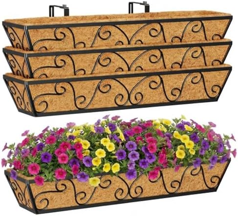 Y&M 4Pcs 30'' Large Railing Planter Boxes with Coco Liner, Outdoor Hanging Window Flower Boxes for Deck, Fence, Porch, and Patio by YM