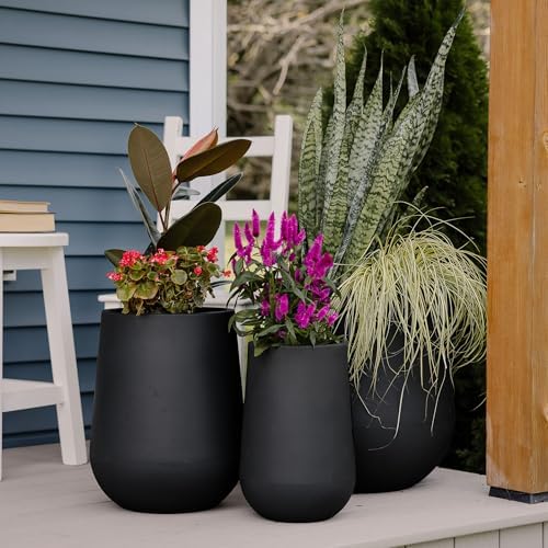 Beuta Large Poly Planters for Outdoor Plants - Set of 3, 15.5/18/20.5 Inches Outdoor Planters for Porch - Tall Planter for Outdoor & Indoor Plants | Large Indoor Plant Pot - USA Made - Black - Image 2