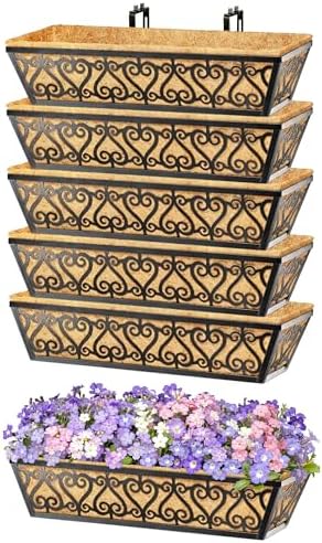 6 Pack 24 Inch Deck Railing Planter Box - Window Boxes Planters with Adjustable Brackets Coco Liners Balcony Planters Railing Hanging for Window Flower Boxes Outdoor Garden Decor by EINYEXW