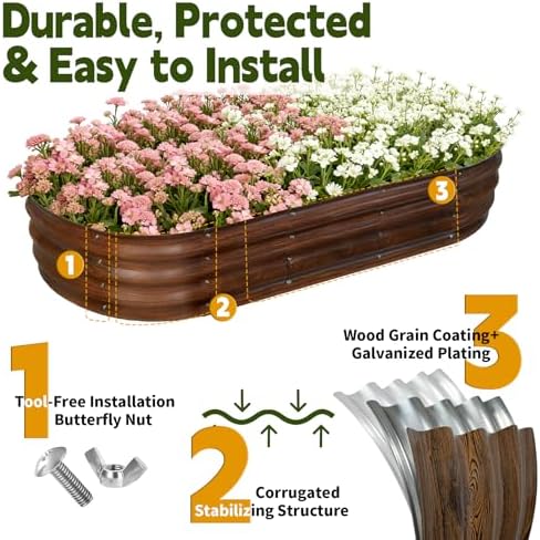 Galvanized Raised Garden Bed Outdoor, Large Raised Bed for Gardening, 6x3x1ft Oval Metal Planter Box for Vegetables, Fruits, Flowers, Dark Brown Wood Grain - Image 2