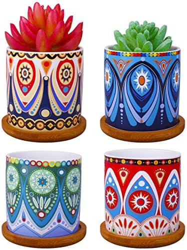 4 Pcs Colorful Mini Ceramic Cylinder Succulent Plant Pots with Bamboo Trays, Thumb Flower Pots for Small Plants and Decorative Objects - Colorful Mandala Styles by ROSE+CREATE