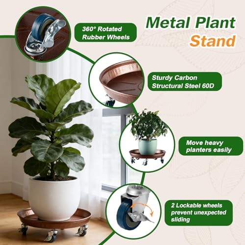 3 Packs Metal Plant Caddy with Wheels 13" Rolling Plant Stand Heavy Duty Plant Dolly with Casters for Indoor and Outdoor Large Planter Casters Potted Plant Mover,Copper - Image 3