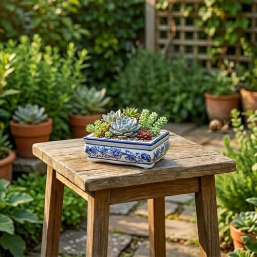 Set of 2 Blue and White Ceramic Bonsai Pots with Drainage Hole, 7.5" & 5" - Image 6
