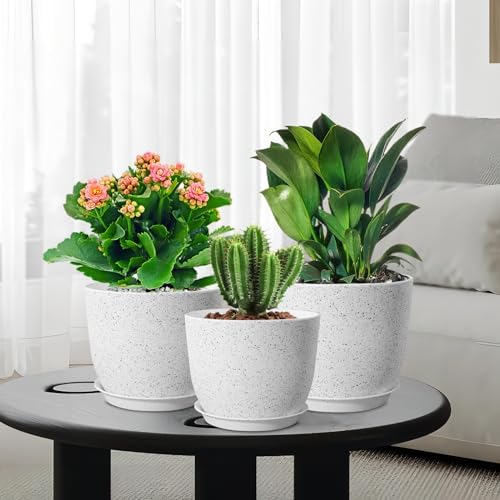 WSMKSZ 10/9/8 inch Medium Plant Pots, Set of 3 Modern Decorative Plastic Planters with Drainage Holes and Saucers for Garden House Plants, Flower Pots for Indoor Outdoor Plants, Speckled White - Image 7