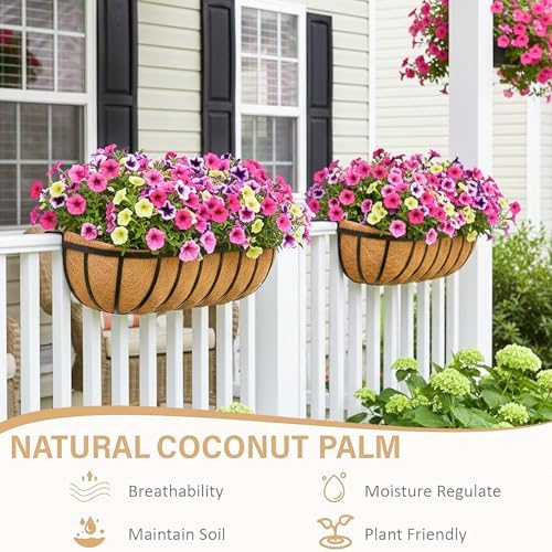 Window Box Railing Planter with Coco Liner 2 Pack 16 Inch Metal Hanging Flower Planter Deck Railing Planters Boxes for Balcony Outdoor Plants Fence Porch Patio - Image 3