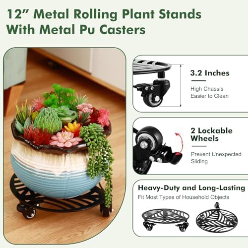 2 Packs Metal Plant Caddy with Wheels 12 inches Heavy-Duty Iron Rolling Plant Stand with Casters Indoor Outdoor Wheeled Plant Roller Base Pot Movers Plant Dolly Coaster Trolley Black - Image 2
