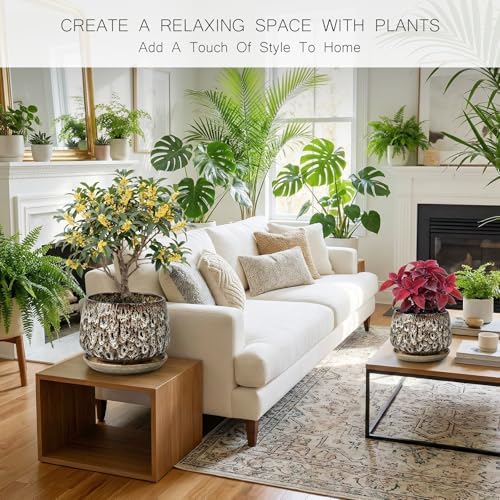 10.3 Inch Ceramic Planter with Saucer,Modern Garden Pots with Drainage Hole Mesh Net, for Indoor Outdoor Use (Speckle White) - Image 2