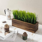 MyGift 14 Inch Artificial Green Grass Plant in Rustic Burnt Solid Wood Rectangular Crate Style Planter Box, Indoor Decor Faux Greenery in Decorative Wooden Container - Image 4