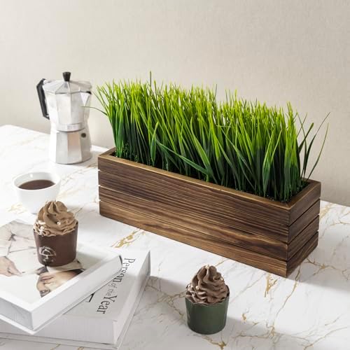 MyGift 14 Inch Artificial Green Grass Plant in Rustic Burnt Solid Wood Rectangular Crate Style Planter Box, Indoor Decor Faux Greenery in Decorative Wooden Container - Image 4