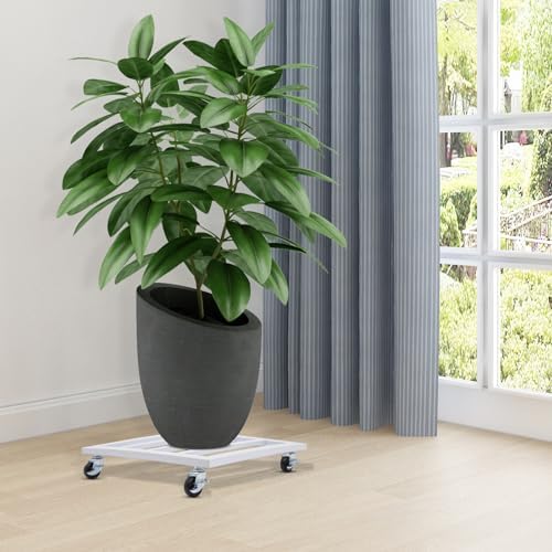 Plant Caddy with Wheels, 16 Inch Plant Stand Metal Square Plant Dolly with Lockable Caster Wheels for Indoor Outdoor Holds up 150 Lbs Flower Pot (White) - Image 3